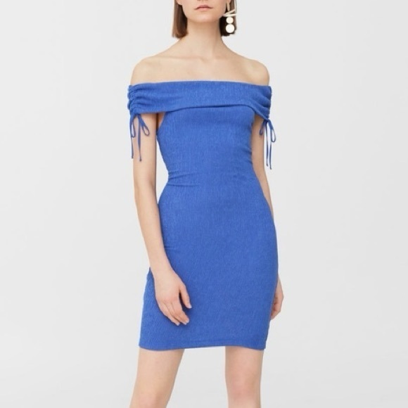 Mango Blue Off The Shoulder Mini Dress Sz. 6 NWT! - Picture 1 of 7